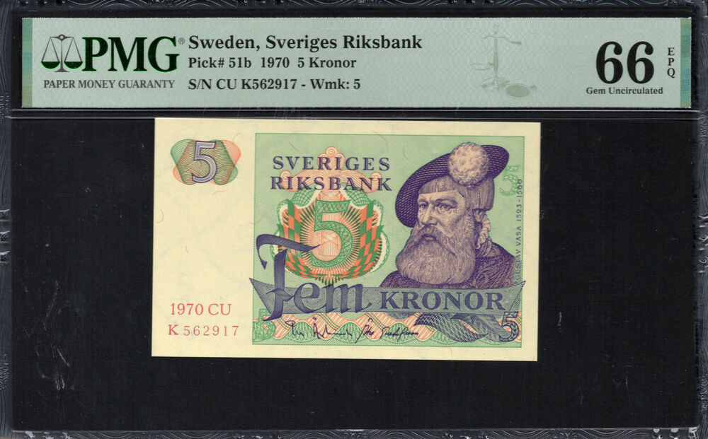 Sweden -  5 Kronor 1970 - Pick # 51b - PMG 66 EPQ