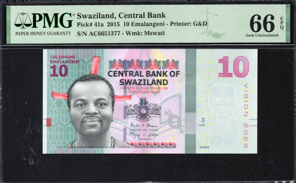 Swaziland -  10 Emalangeni 2015 - Pick # 41a - PMG 66 EPQ
