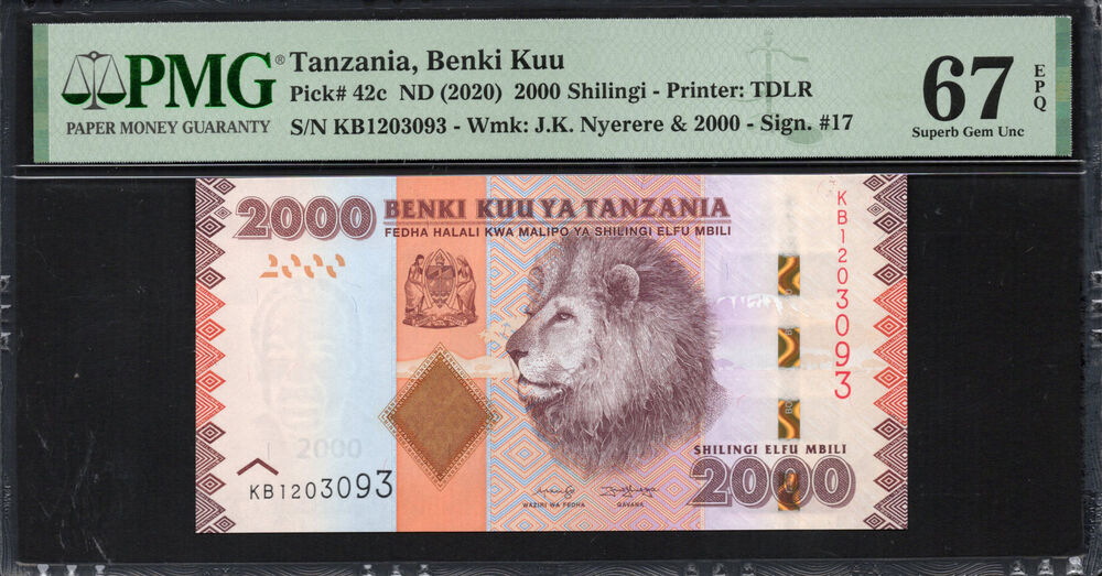 Tanzania -  2000 Shilingi 2020 - Pick # 42c - PMG 67 EPQ