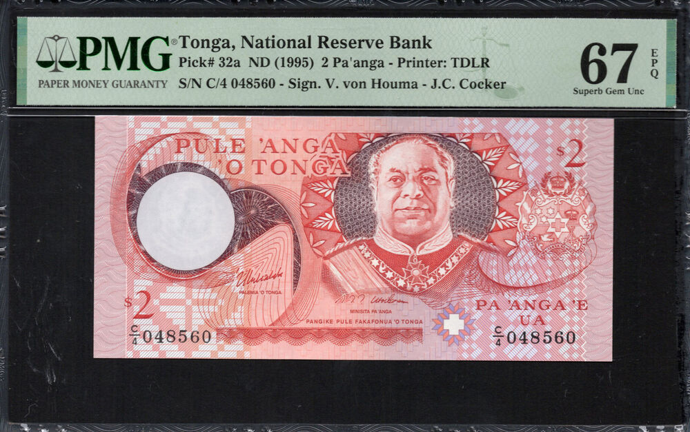Tonga -  2 Pa'anga 1995 - Pick # 32a - PMG 67 EPQ