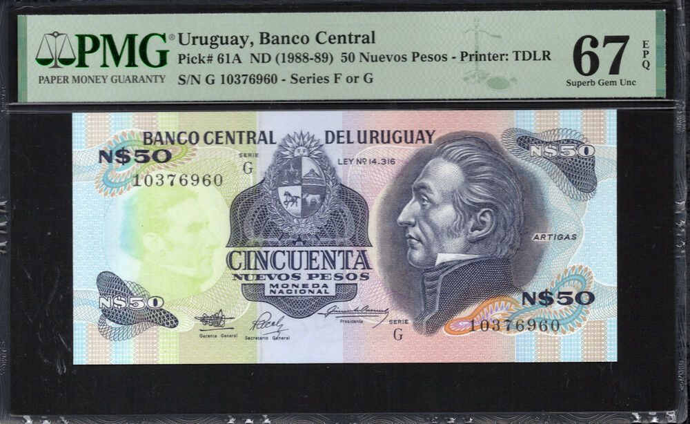 Uruguay -  50 Nuevos Pesos 1988 - Pick # 61A - PMG 67 EPQ