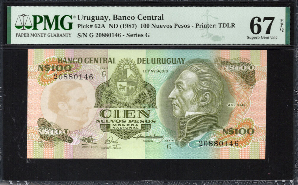 Uruguay -  100 Nuevos Pesos 1987 - Pick # 62A - PMG 67 EPQ
