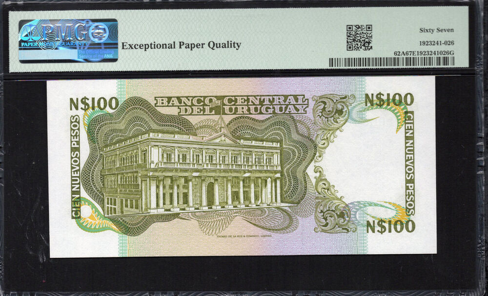 Uruguay -  100 Nuevos Pesos 1987 - Pick # 62A - PMG 67 EPQ