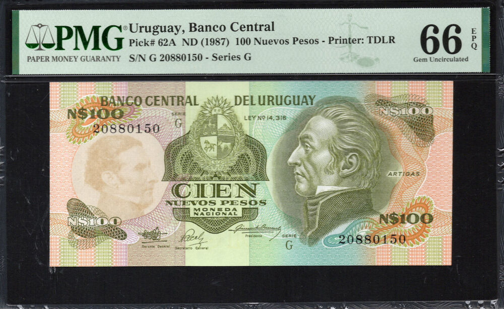 Uruguay -  100 Nuevos Pesos 1987 - Pick # 62A - PMG 66 EPQ