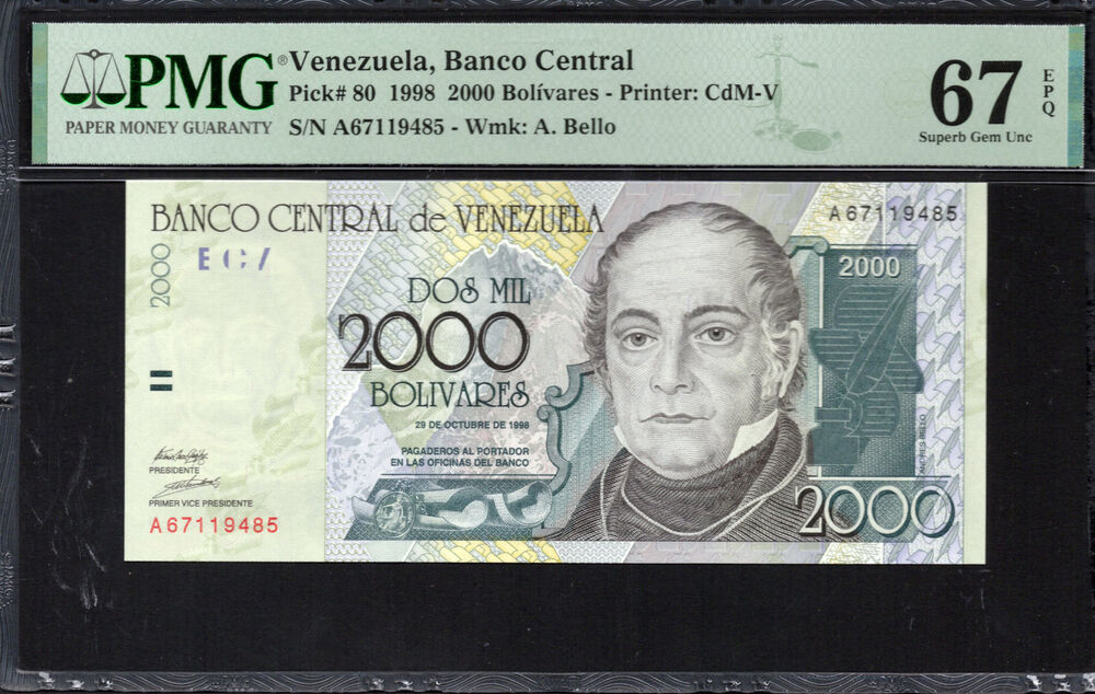 Venezuela -  2000 Bolívares 1998 - Pick # 80 - PMG 67 EPQ