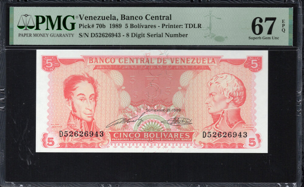 Venezuela -  5 Bolivares 1989 - Pick # 70b - PMG 67 EPQ