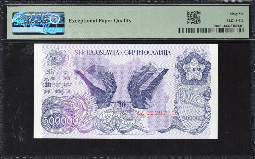 Yugoslavia -  500.000 Dinara 1989 - Pick # 98a - PMG 66 EPQ