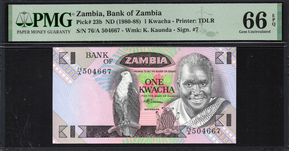 Zambia -  1 Kwacha 1980 - Pick # 23b - PMG 66 EPQ