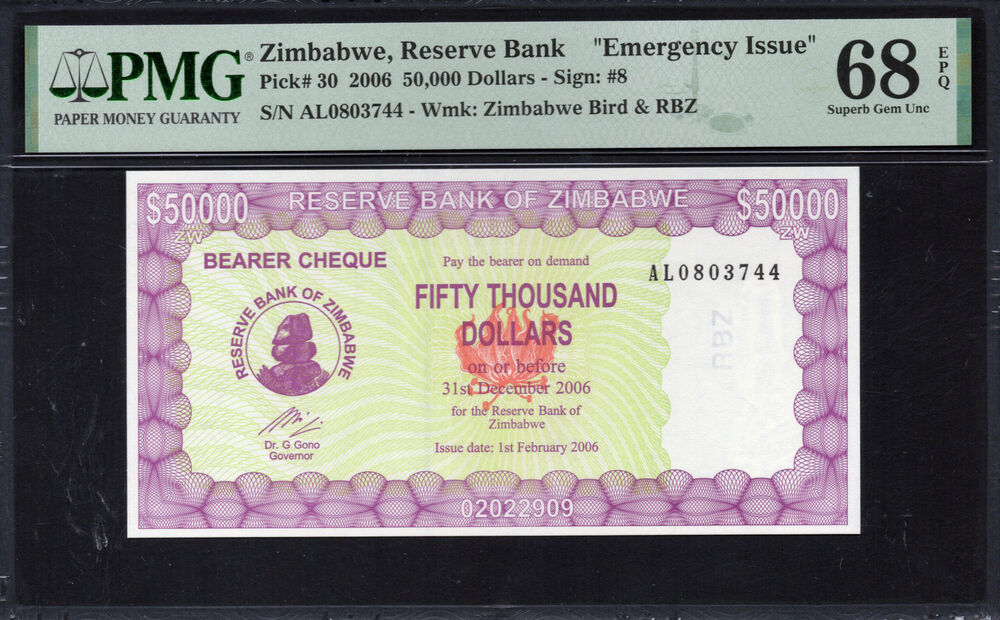 Zimbabwe -  50.000 Dollars 2006 - Pick # 30 - PMG 68 EPQ