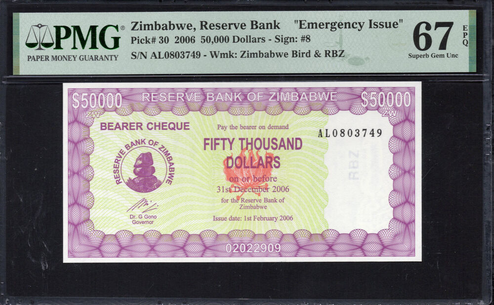 Zimbabwe -  50.000 Dollars 2006 - Pick # 30 - PMG 67 EPQ