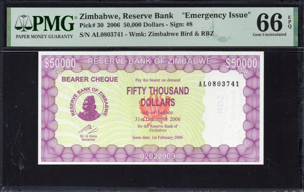 Zimbabwe -  50.000 Dollars 2006 - Pick # 30 - PMG 66 EPQ