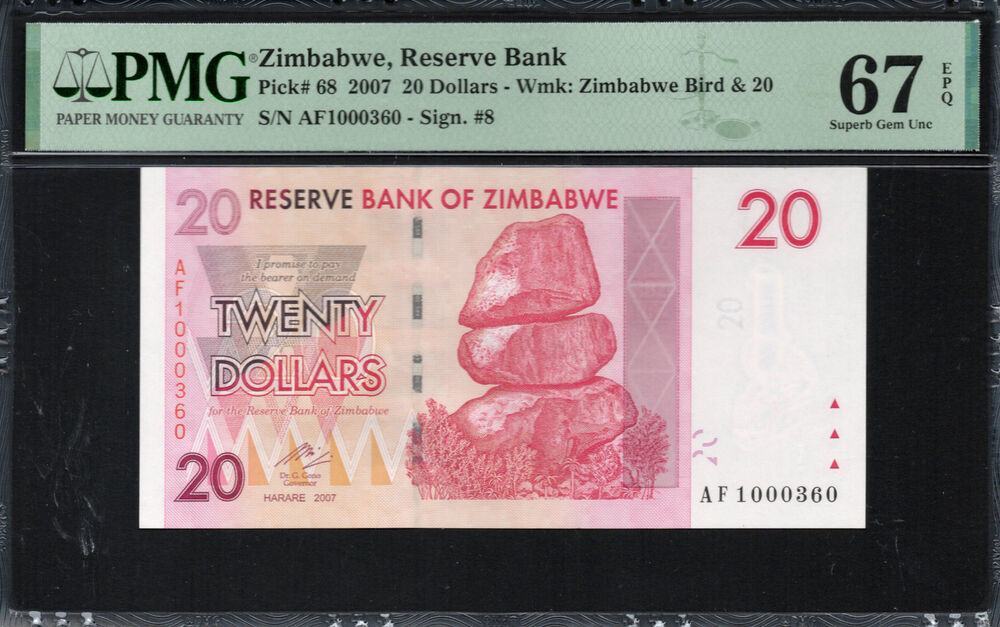 Zimbabwe -  20 Dollars 2007 - Pick # 68 - PMG 67 EPQ