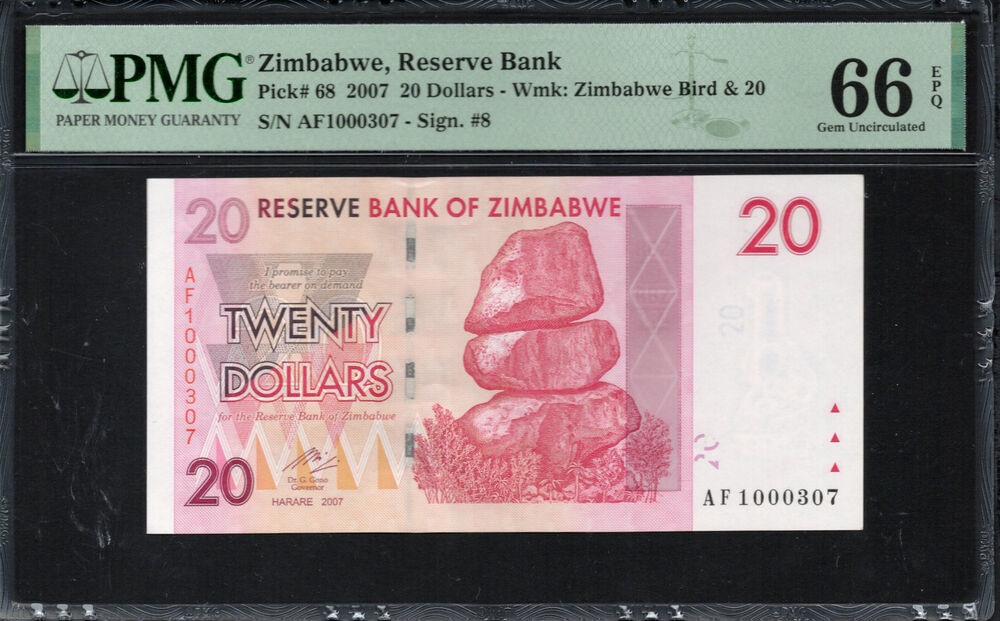 Zimbabwe -  20 Dollars 2007 - Pick # 68 - PMG 66 EPQ