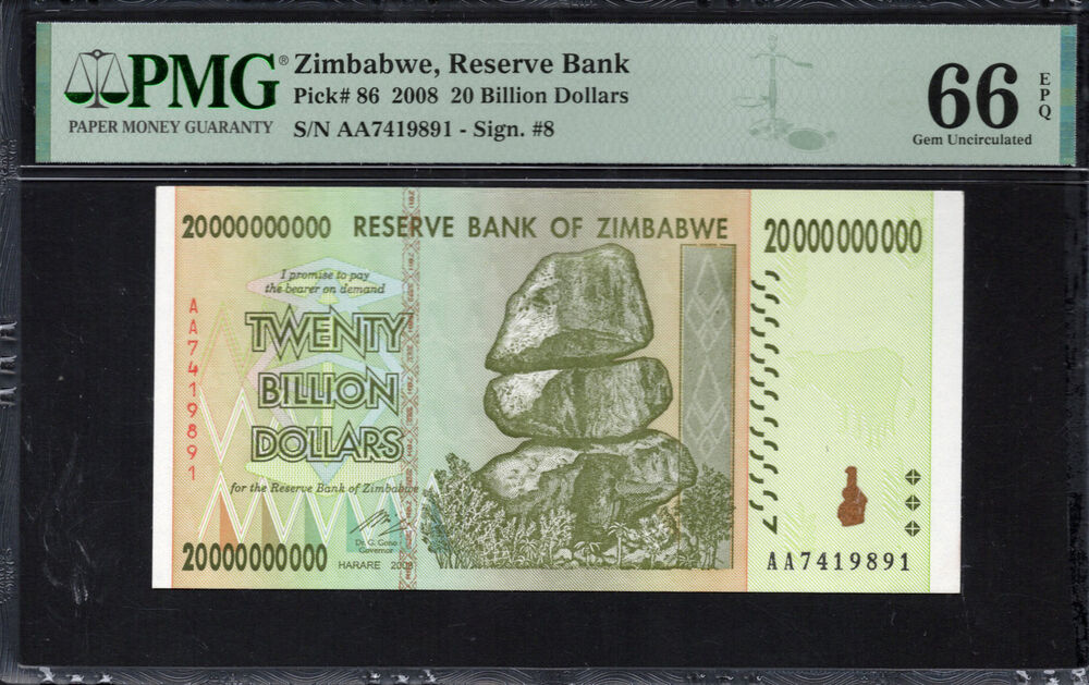Zimbabwe -  20 Billion Dollars 2008 - Pick # 86 - PMG 66 EPQ