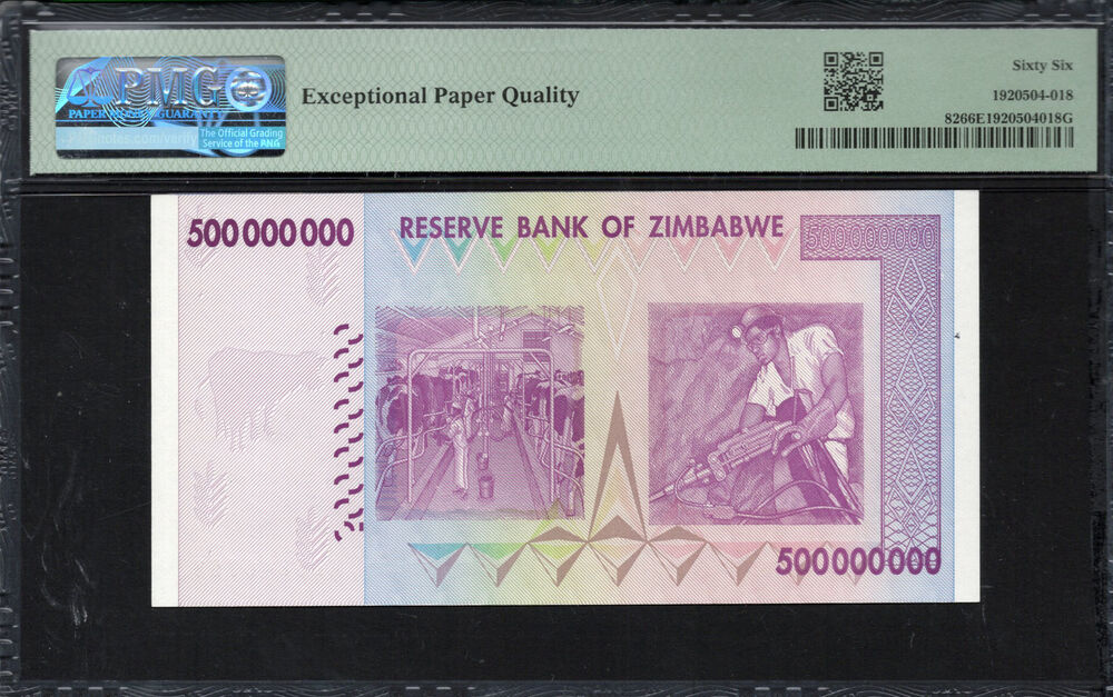 Zimbabwe -  500 Million Dollars 2008 - Pick # 82 - PMG 66 EPQ