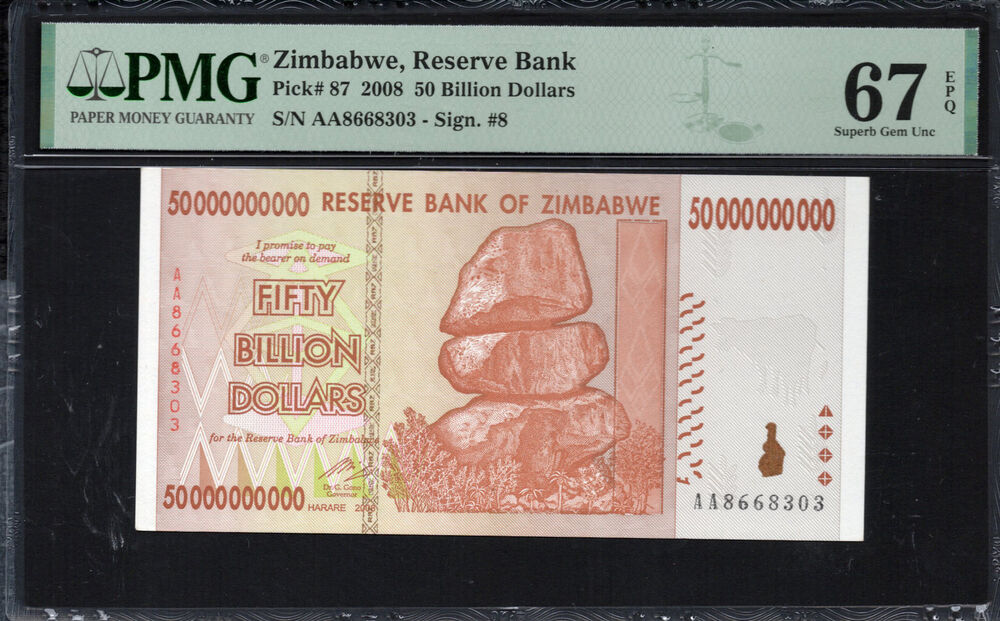 Zimbabwe -  50 Billion Dollars 2008 - Pick # 87 - PMG 67 EPQ
