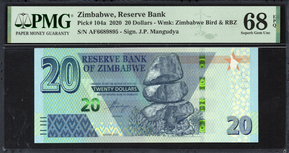 Zimbabwe -  20 Dollars 2020 - Pick # 104a - PMG 68 EPQ