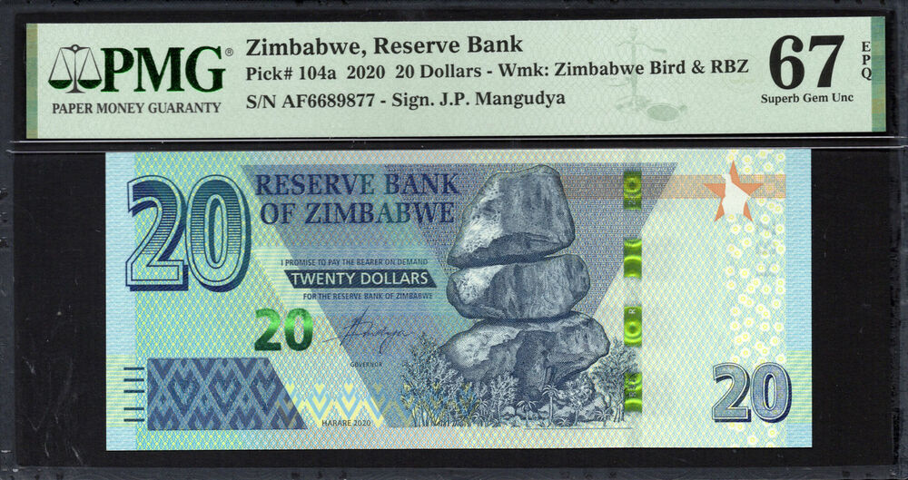 Zimbabwe -  20 Dollars 2020 - Pick # 104a - PMG 67 EPQ
