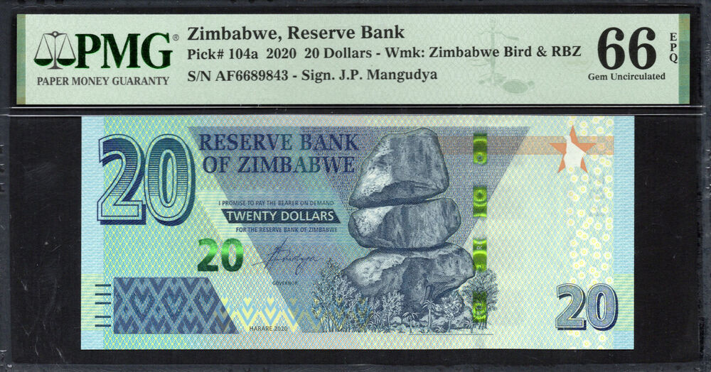 Zimbabwe -  20 Dollars 2020 - Pick # 104a - PMG 66 EPQ