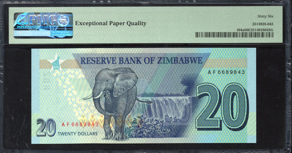 Zimbabwe -  20 Dollars 2020 - Pick # 104a - PMG 66 EPQ