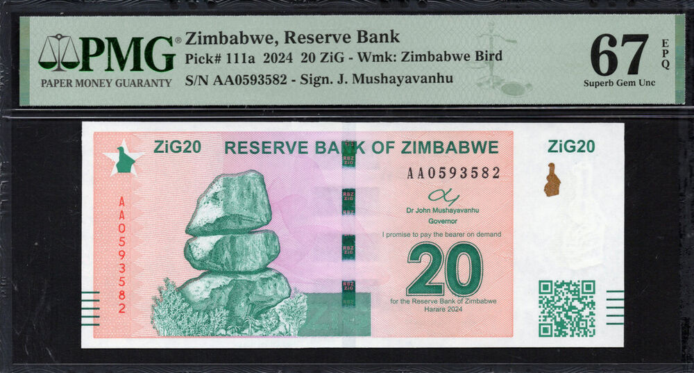 Zimbabwe -  20 ZiG 2024 - Pick # 111a - PMG 67 EPQ