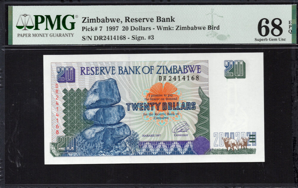 Zimbabwe -  20 Dollars 1997 - Pick # 7 - PMG 68 EPQ