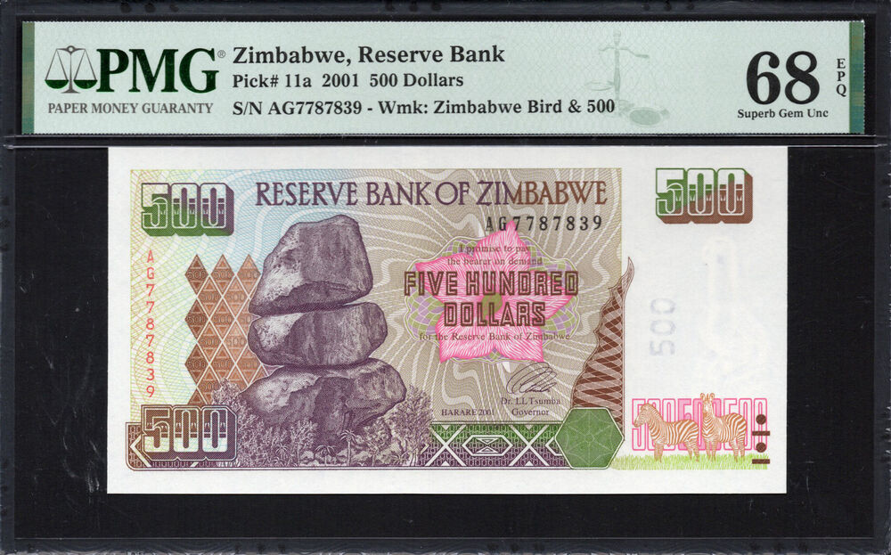 Zimbabwe -  500 Dollars 2001 - Pick # 11a - PMG 68 EPQ