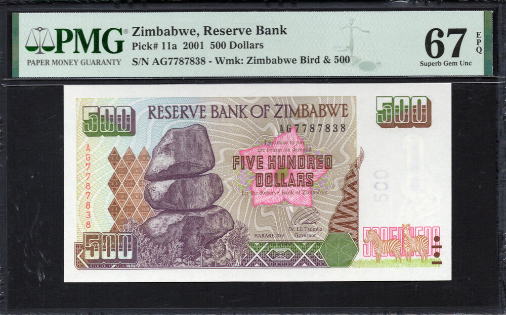 Zimbabwe -  500 Dollars 2001 - Pick # 11a - PMG 67 EPQ