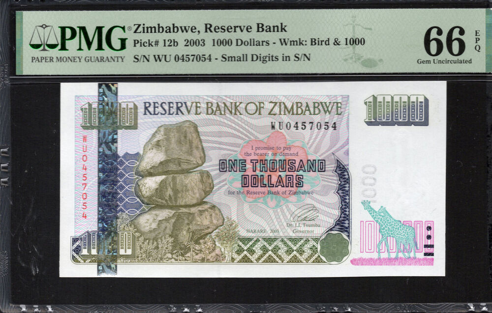 Zimbabwe -  1000 Dollars 2003 - Pick # 12b - PMG 66 EPQ