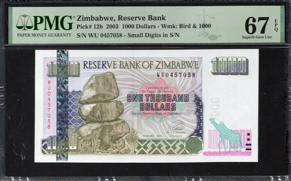 Zimbabwe -  1000 Dollars 2003 - Pick # 12b - PMG 67 EPQ
