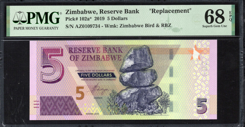 Zimbabwe -  5 Dollars 2019 - Pick # 102a* - PMG 68 EPQ