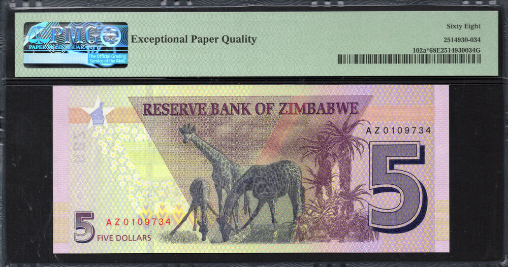 Zimbabwe -  5 Dollars 2019 - Pick # 102a* - PMG 68 EPQ