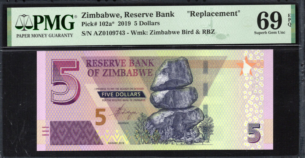 Zimbabwe -  5 Dollars 2019 - Pick # 102a* - PMG 69 EPQ