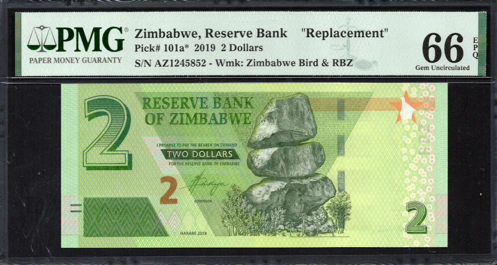 Zimbabwe -  2 Dollars 2019 - Pick # 101a* - PMG 66 EPQ