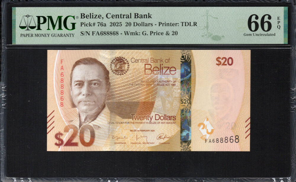 Belize -  20 Dollars 2025 - Pick # 76a - PMG 66 EPQ