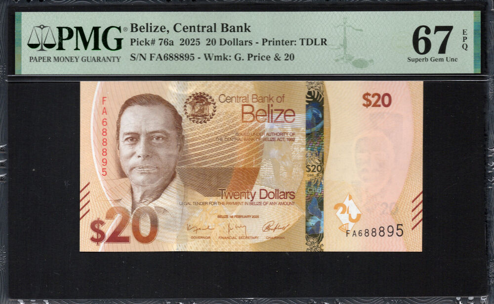 Belize -  20 Dollars 2025 - Pick # 76a - PMG 67 EPQ