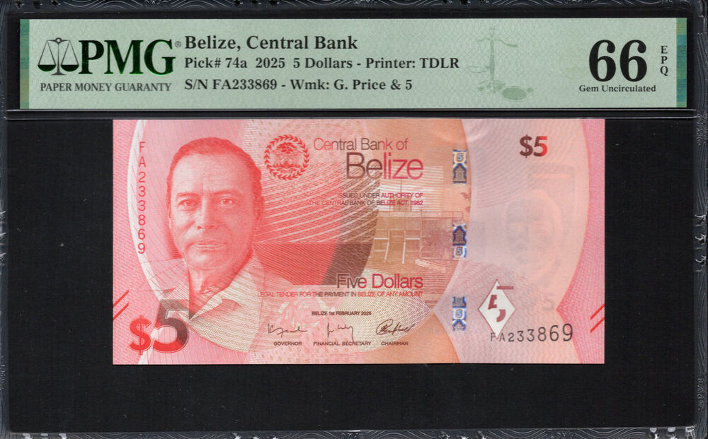 Belize -  5 Dollars 2025 - Pick # 74a - PMG 66 EPQ