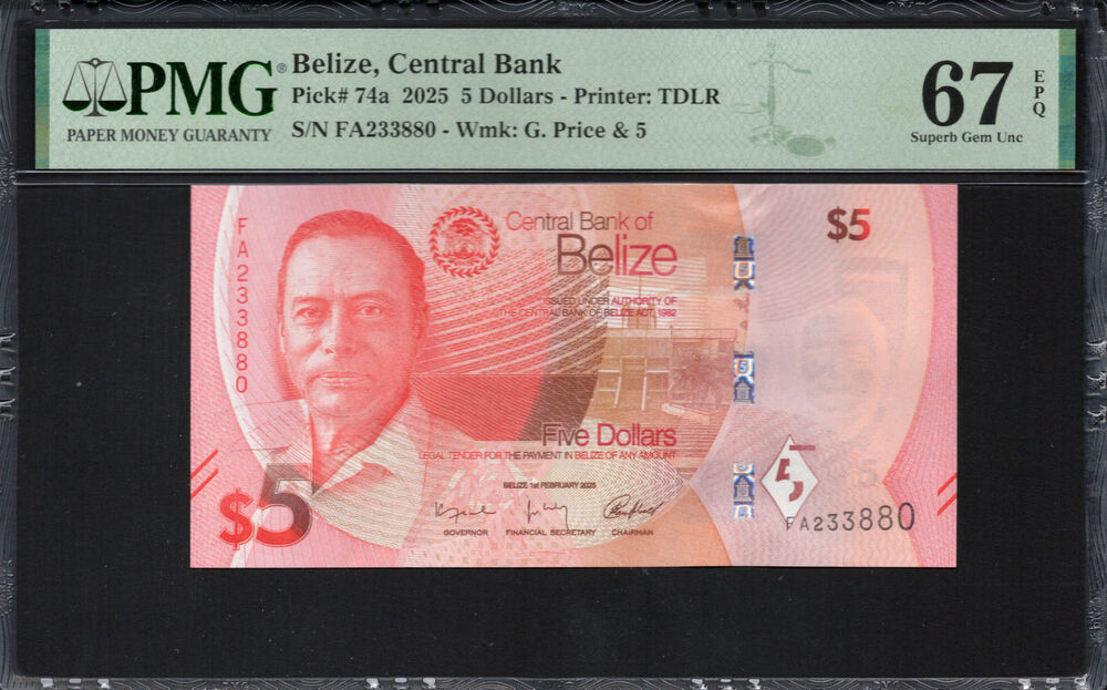 Belize -  5 Dollars 2025 - Pick # 74a - PMG 67 EPQ