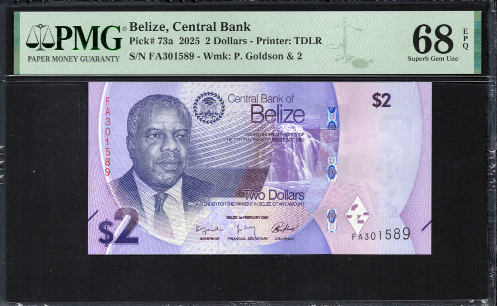 Belize -  2 Dollars 2025 - Pick # 73a - PMG 68 EPQ