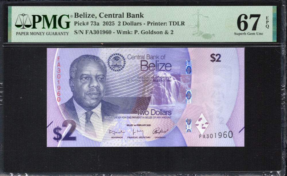 Belize -  2 Dollars 2025 - Pick # 73a - PMG 67 EPQ