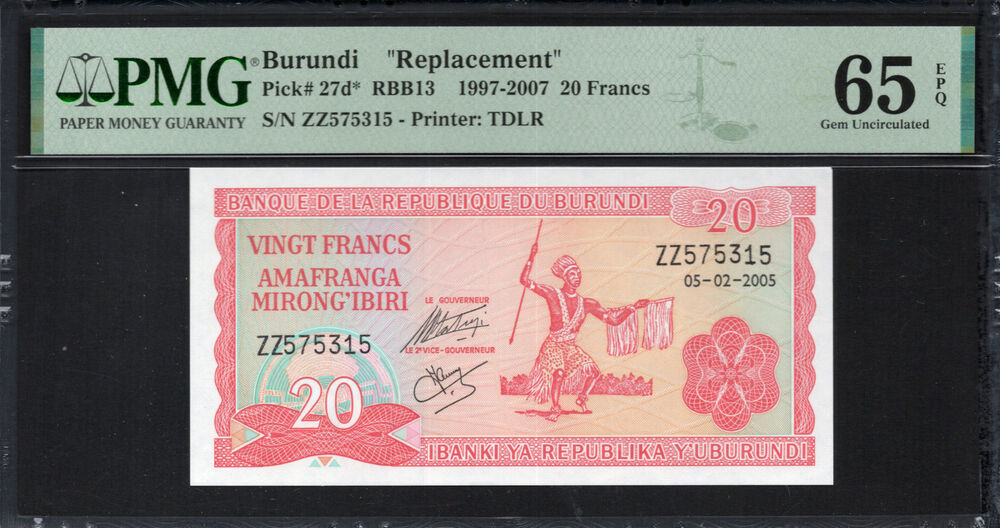 Burundi -  20 Francs 1997 - Pick # 27d - PMG 65 EPQ