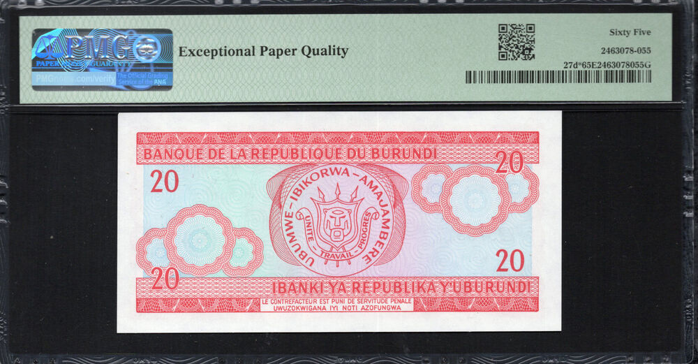 Burundi -  20 Francs 1997 - Pick # 27d - PMG 65 EPQ