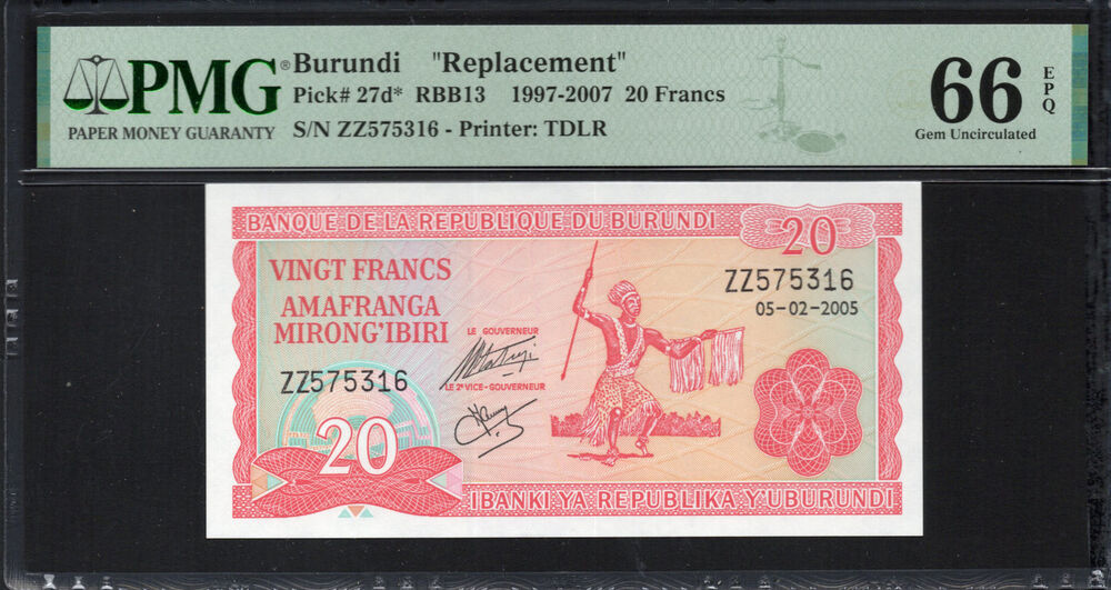 Burundi -  20 Francs 1997 - Pick # 27d* - PMG 66 EPQ