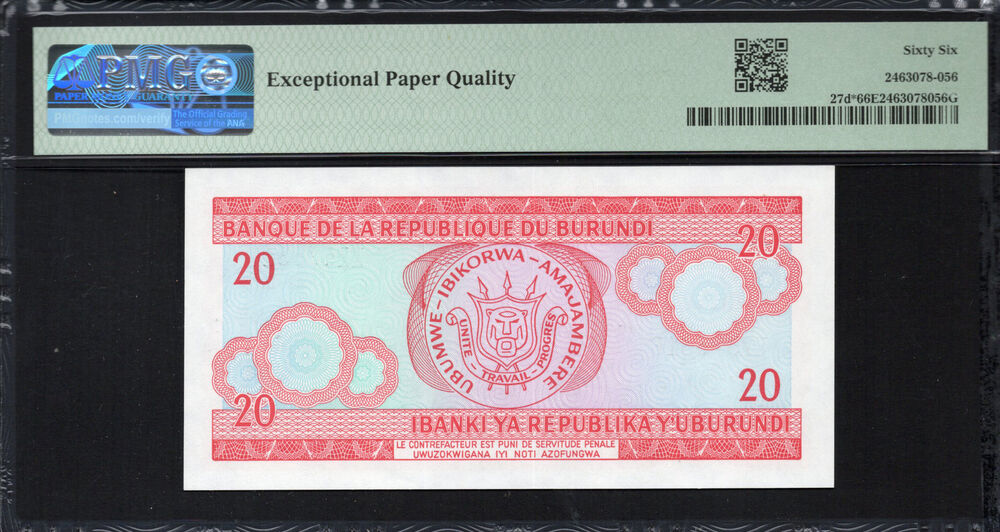 Burundi -  20 Francs 1997 - Pick # 27d* - PMG 66 EPQ
