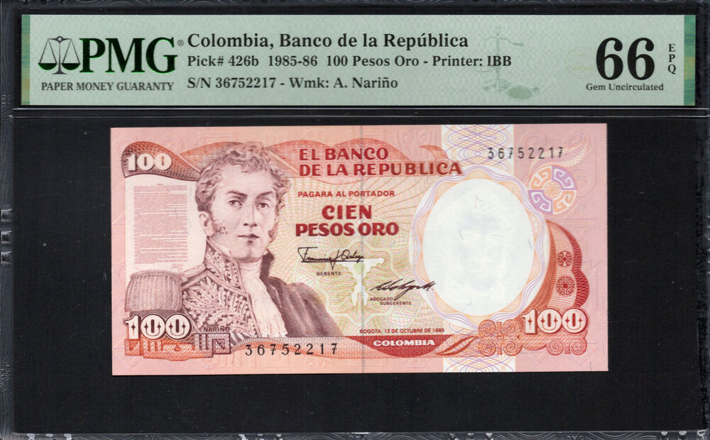 Colombia -  100 Pesos Oro 1985 - Pick # 426b - PMG 66 EPQ
