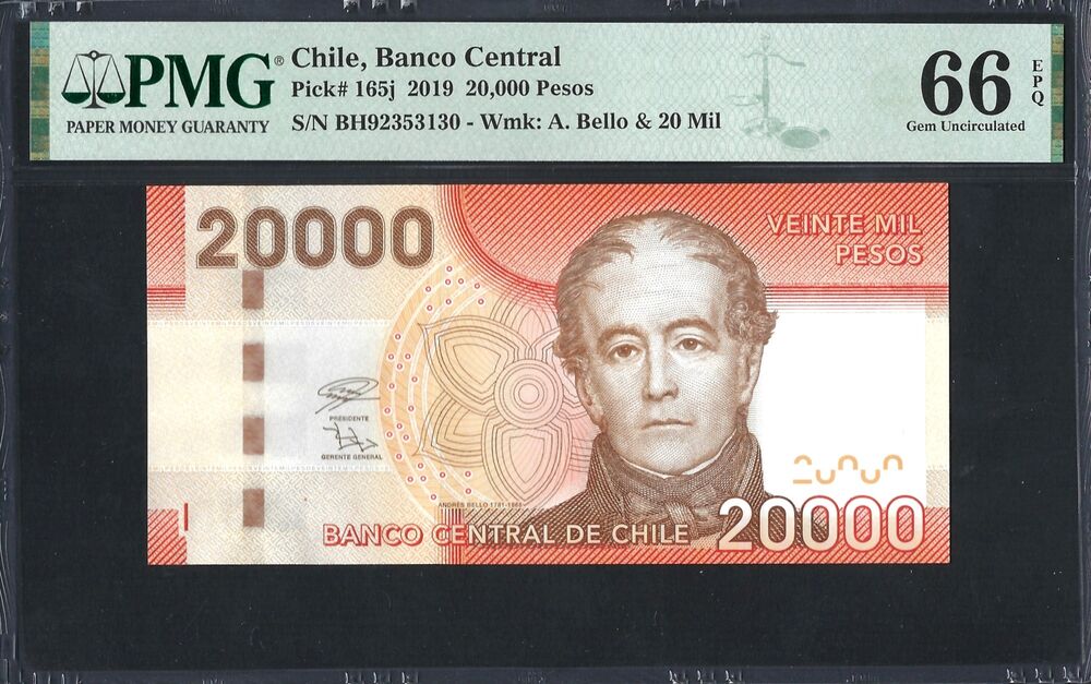 Chile -  20.000 Pesos 2019 - Pick # 165j - PMG 66 EPQ