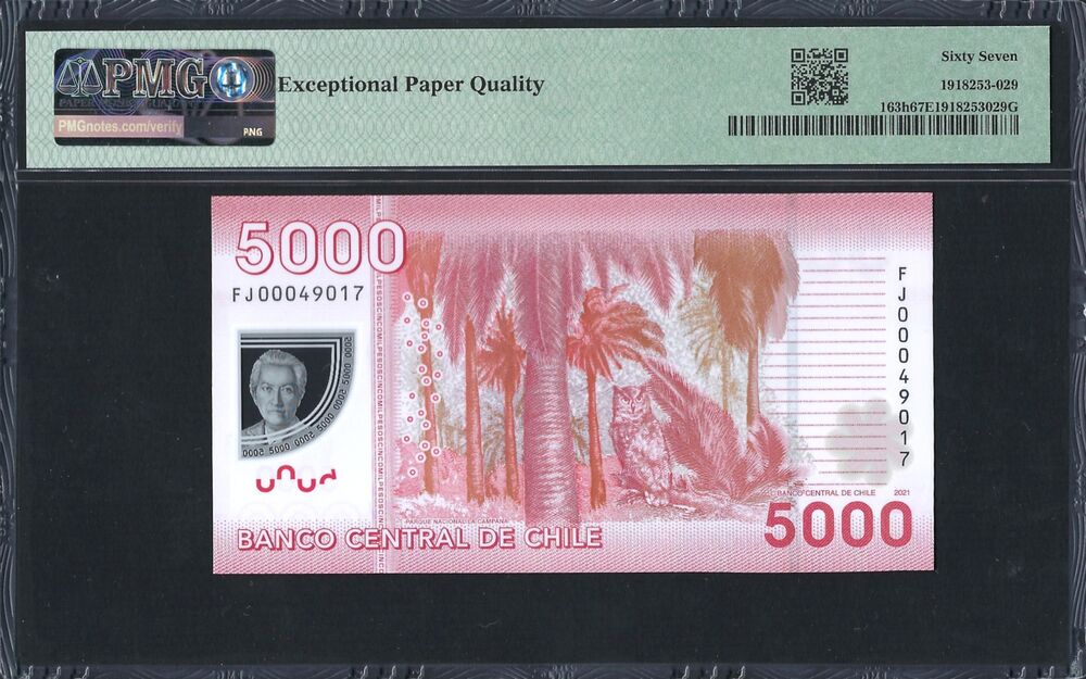 Chile -  5000 Pesos 2021 - Pick # 163h - PMG 67 EPQ
