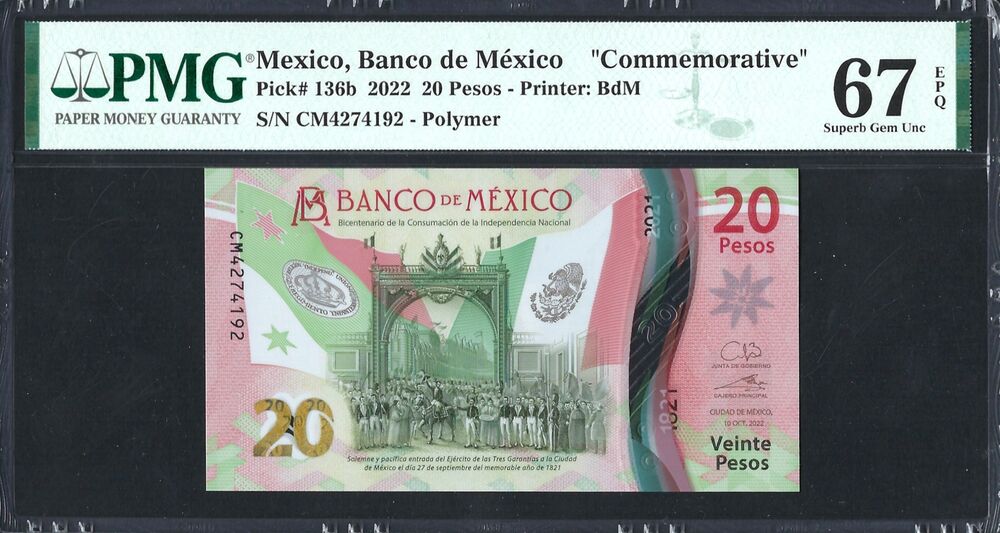 Mexico -  20 Pesos 2022 - Pick # 136b - PMG 67 EPQ