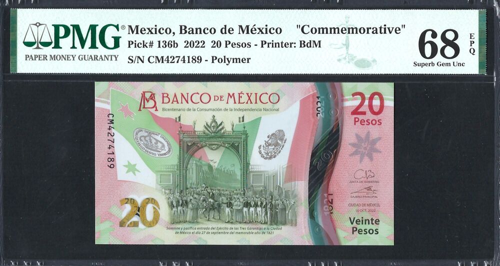 Mexico -  20 Pesos 2022 - Pick # 136b - PMG 68 EPQ