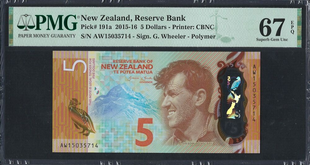 New Zealand -  5 Dollars 2015 - Pick # 191a - PMG 67 EPQ